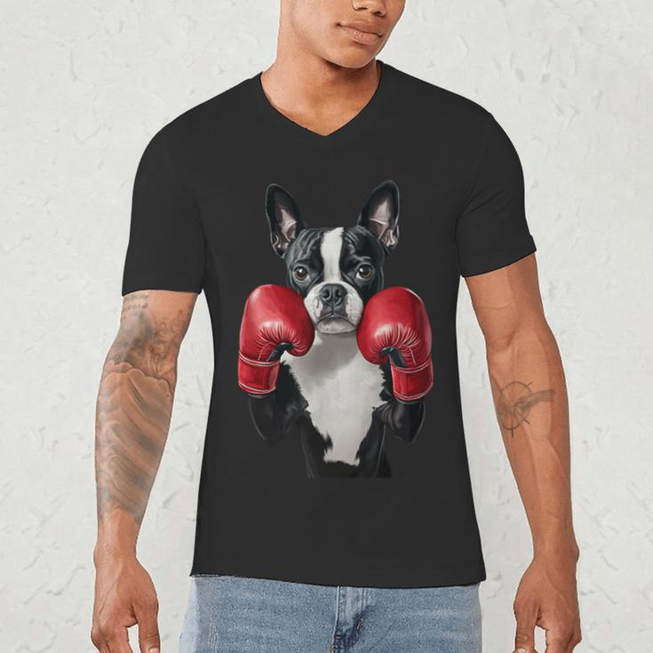 Boston Terrier Boxing Men's V-Neck T-Shirt, novelty gifts, funny gifts