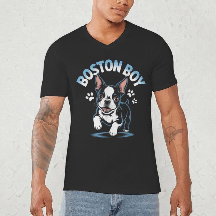 Boston Terrier Boy Cute Cartoon Dog Owner Pet Boston Terrier Men's V-Neck T-Shirt, novelty gifts, funny gifts