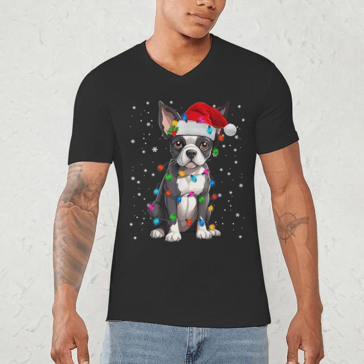 Boston Terrier Christmas Santa Hat Tree Lights Pajama Men's V-Neck T-Shirt, novelty gifts, funny gifts