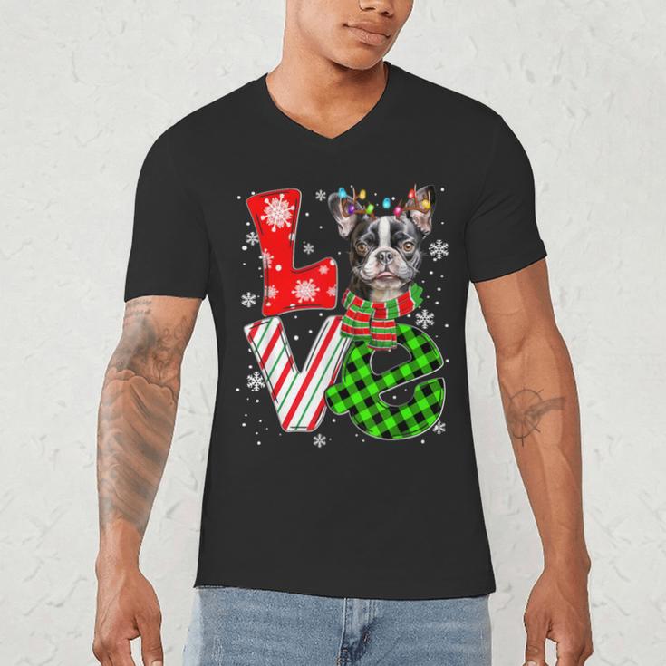 Boston Terrier Christmas Tree Lights Santa Dog Xmas For Men Women Kids Men's V-Neck T-Shirt, novelty gifts, funny gifts