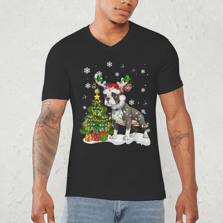 Boston Terrier Christmas Tree Lights Santa Hat Men's V-Neck T-Shirt, novelty gifts, funny gifts