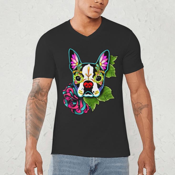 Boston Terrier In Day Of The Dead Sugar Skull Dog Men's V-Neck T-Shirt, novelty gifts, funny gifts