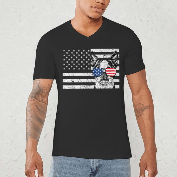 Boston Terrier Dog 4th Of July US American Flag Patriotic Men's V-Neck T-Shirt, novelty gifts, funny gifts