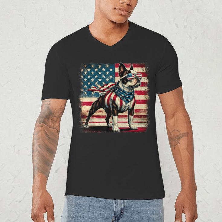 Boston Terrier Dog 4th Of July USA American Flag Patriotic Men's V-Neck T-Shirt, novelty gifts, funny gifts