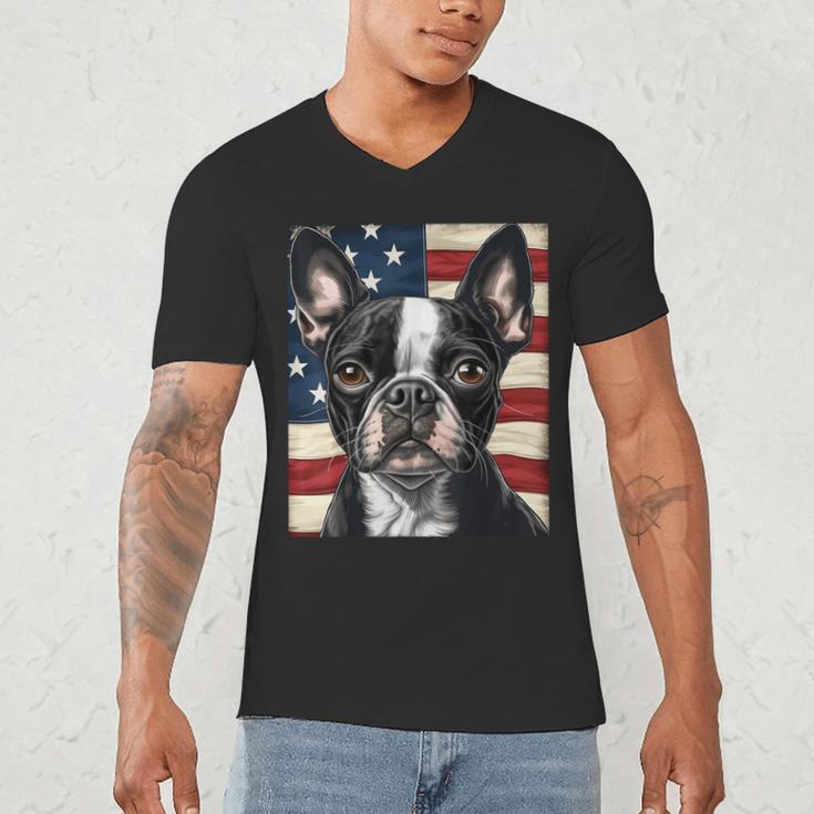 Boston Terrier Dog American Flag 4th Of July Patriotic Puppy Men's V-Neck T-Shirt, novelty gifts, funny gifts