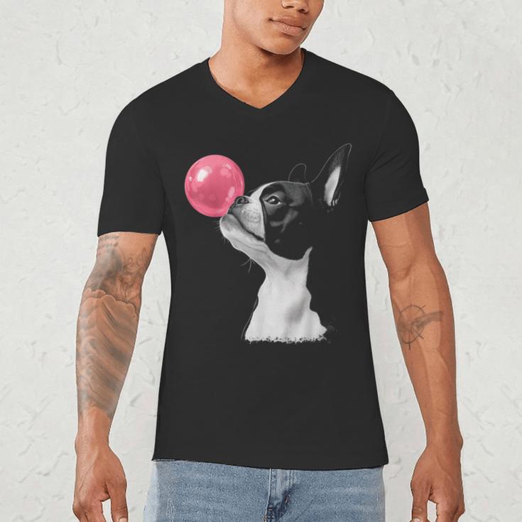 Boston Terrier Dog Blowing Chewing Bubble Gum Pink Men's V-Neck T-Shirt, novelty gifts, funny gifts