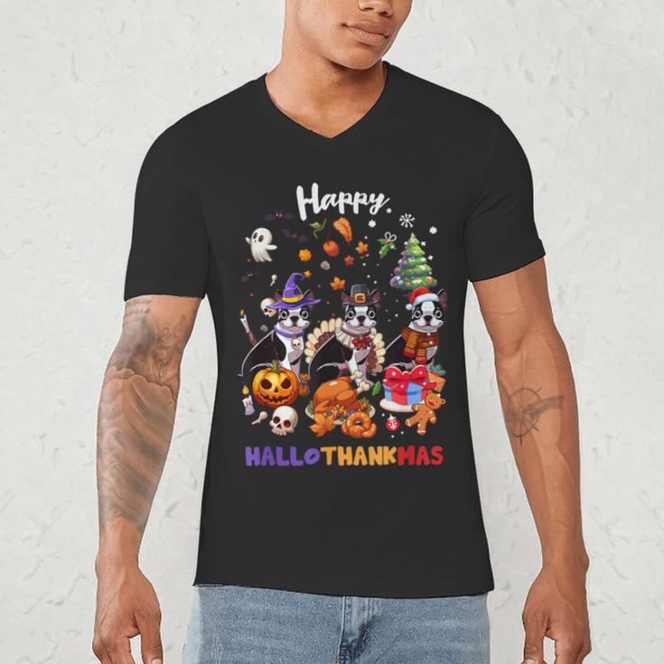 Boston Terrier Dog Christmas Happy Hallothankmas Halloween For Men Women Kids Men's V-Neck T-Shirt, novelty gifts, funny gifts