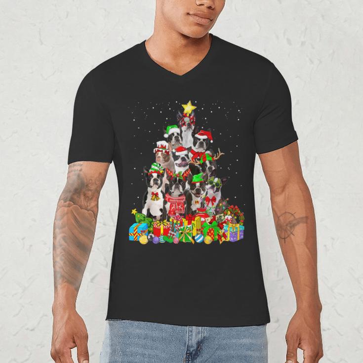 Boston Terrier Dog Christmas Tree Lights Xmas Pajama For Men Women Kids Men's V-Neck T-Shirt, novelty gifts, funny gifts