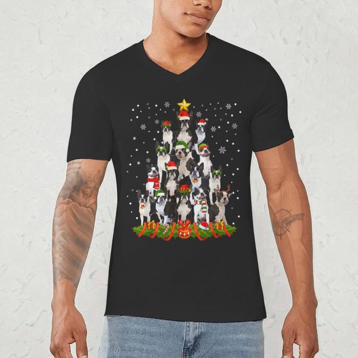 Boston Terrier Dog Christmas Tree Santa Hat Xmas Pajama Men Women Kids Men's V-Neck T-Shirt, novelty gifts, funny gifts