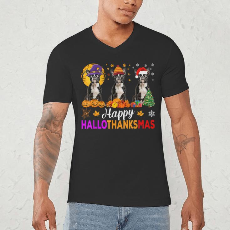 Boston Terrier Dog Halloween Christmas Hallothanksmas Men Women Kids Men's V-Neck T-Shirt, novelty gifts, funny gifts
