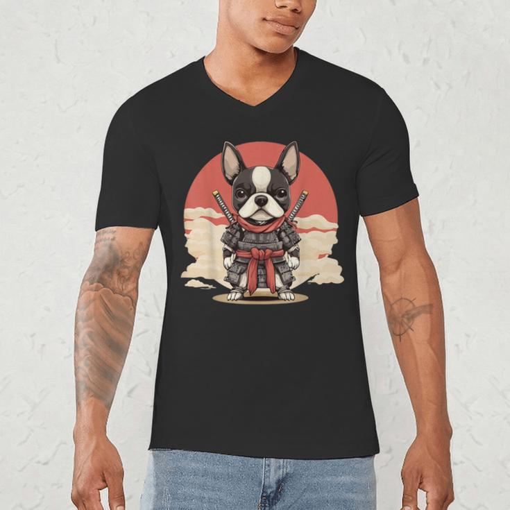 Boston Terrier Dog Japanese Style Samurai Dogs Men's V-Neck T-Shirt, novelty gifts, funny gifts
