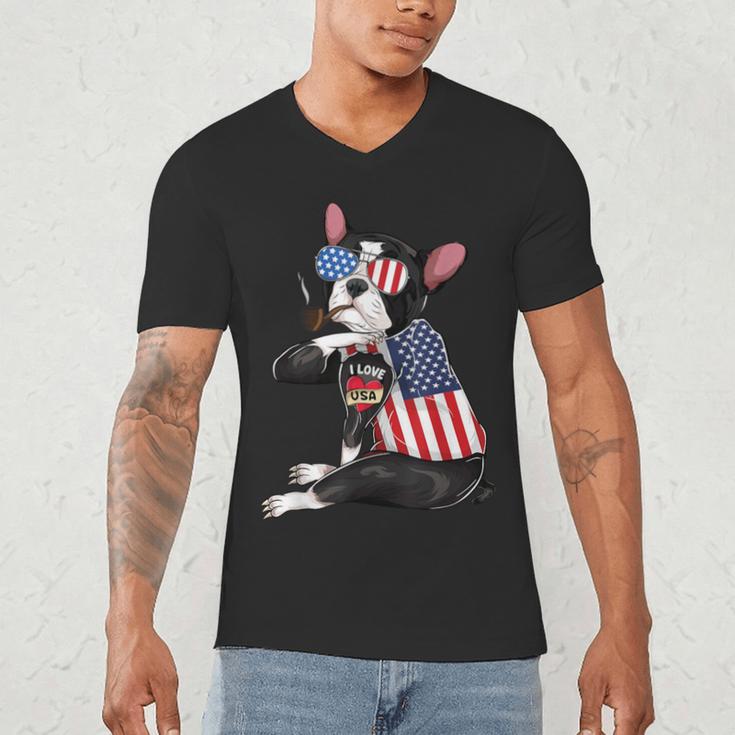 Boston Terrier Dog Merica 4th Of July Usa American Flag Men Men's V-Neck T-Shirt, novelty gifts, funny gifts