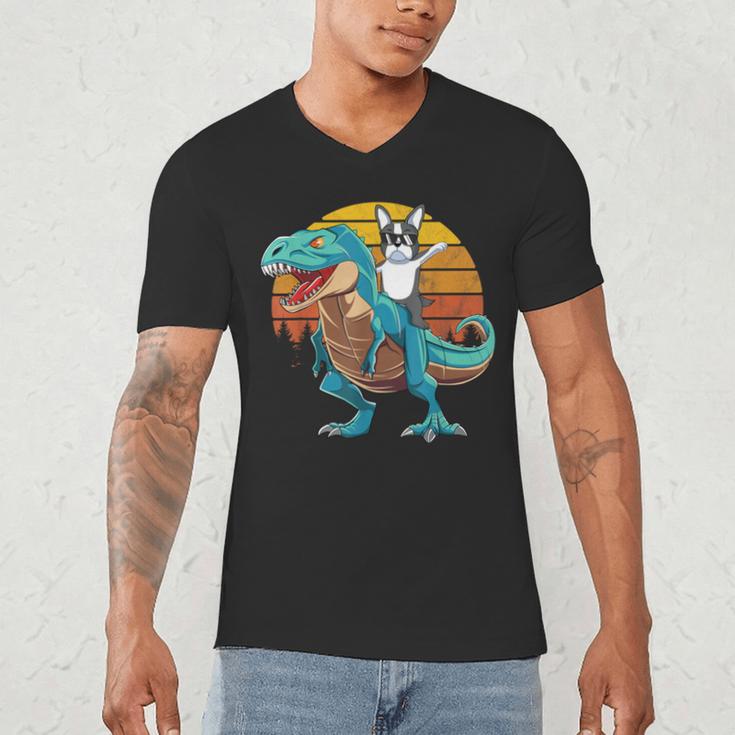 Boston Terrier Dog Riding Dinosaur T Rex Boys Men's V-Neck T-Shirt, novelty gifts, funny gifts