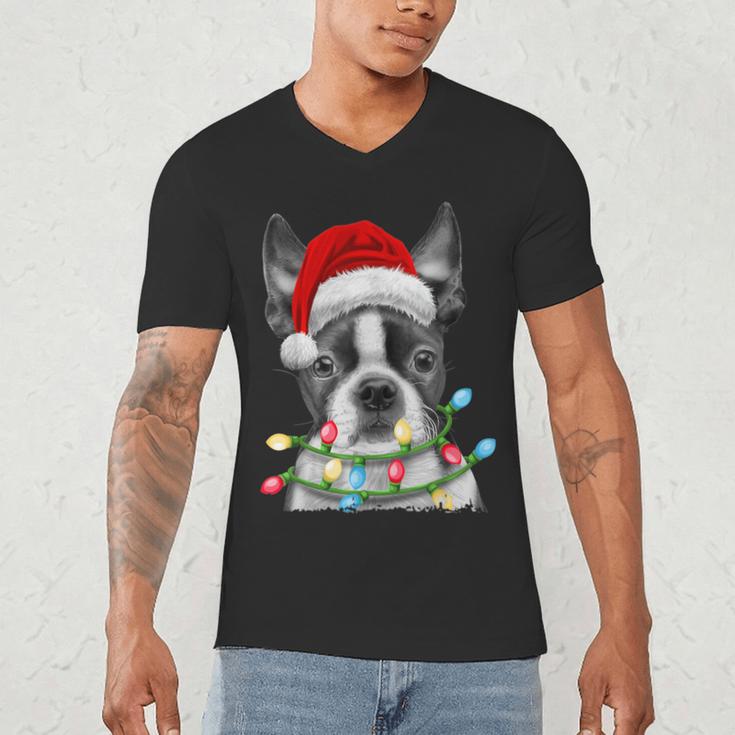 Boston Terrier Dog Santa Christmas Tree Lights Xmas Men's V-Neck T-Shirt, novelty gifts, funny gifts