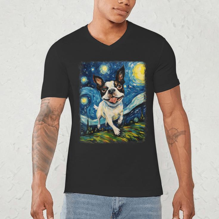 Boston Terrier Dog Starry Night Painting Men's V-Neck T-Shirt, novelty gifts, funny gifts