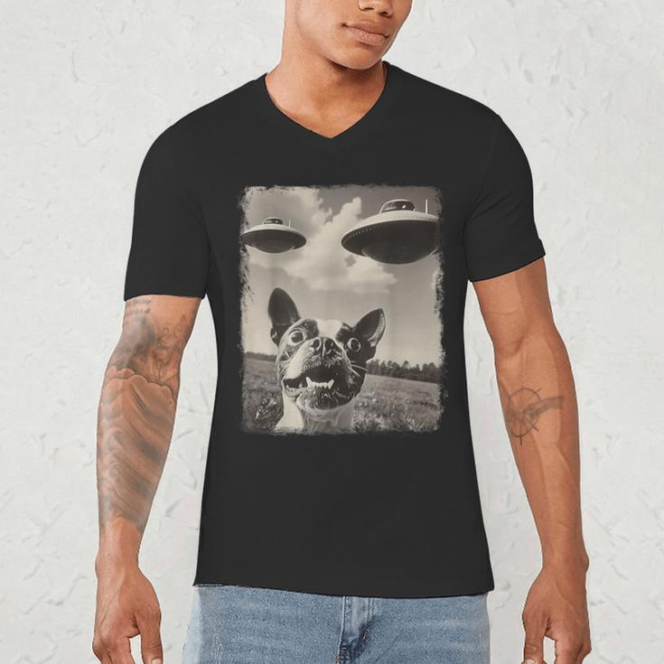 Boston Terrier Dog UFO Alien Extraterrestrial Selfie Men's V-Neck T-Shirt, novelty gifts, funny gifts