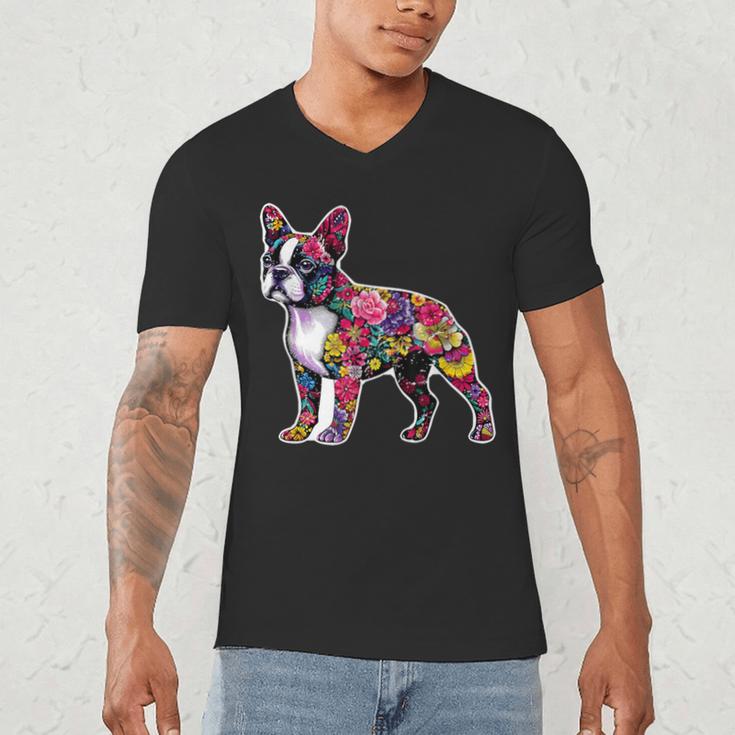 Boston Terrier Floral Dog Lover Vintage Distressed For Men Women Kids Men's V-Neck T-Shirt, novelty gifts, funny gifts