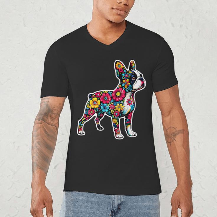 Boston Terrier Floral Vintage Dog Mom Distressed Men Women Kids Men's V-Neck T-Shirt, novelty gifts, funny gifts