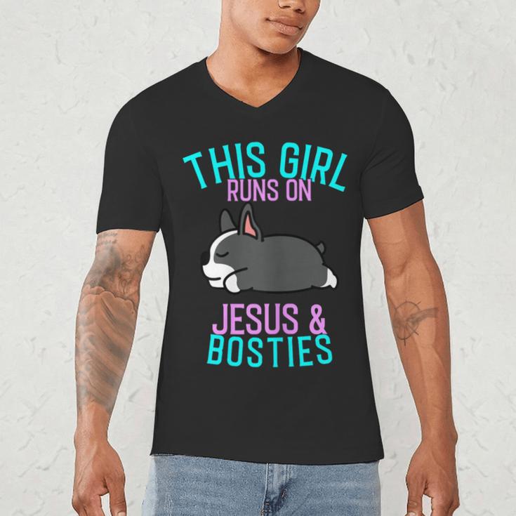 Boston Terrier This Girl Runs On Jesus And Boston Terriers Men's V-Neck T-Shirt, novelty gifts, funny gifts