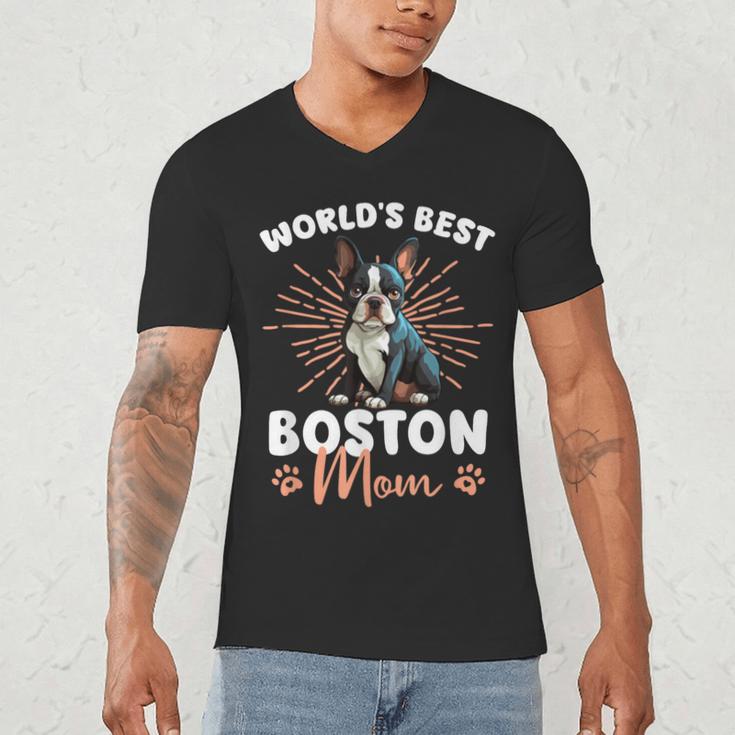 Boston Terrier Groovy World's Best Boston Mom Men's V-Neck T-Shirt, novelty gifts, funny gifts