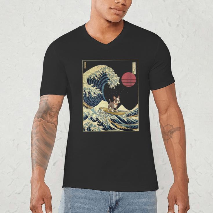 Boston Terrier Japanese Kanagawa Wave Surf Dog Men's V-Neck T-Shirt, novelty gifts, funny gifts