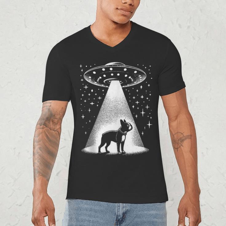Boston Terrier Mom Dad Dog Alien UFO Men's V-Neck T-Shirt, novelty gifts, funny gifts
