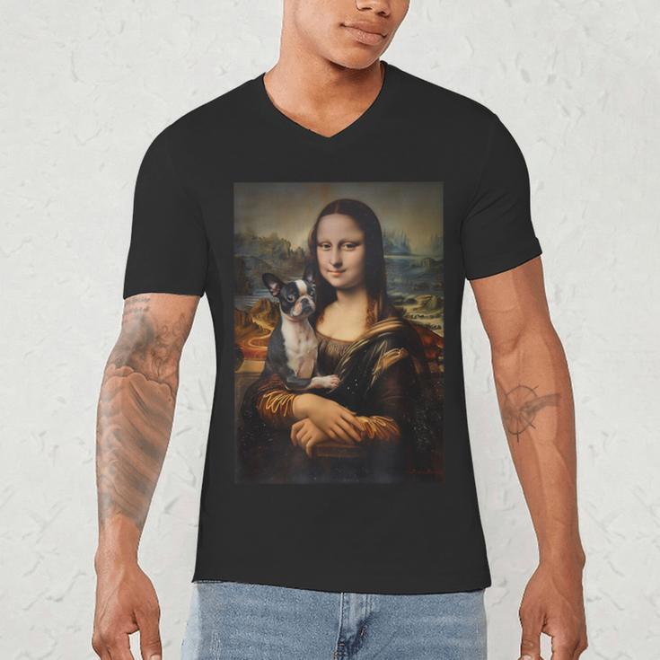 Boston Terrier Mona Lisa Painting Art Dog Mom Dad For Men Women Kids Men's V-Neck T-Shirt, novelty gifts, funny gifts