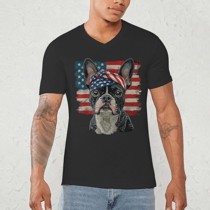 Boston Terrier Patriotic 4th Of July USA American Flag Men's V-Neck T-Shirt, novelty gifts, funny gifts