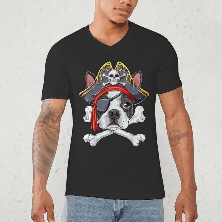 Boston Terrier Pirate T Shirt Jolly Roger Crossbones Skull Men's V-Neck T-Shirt, novelty gifts, funny gifts