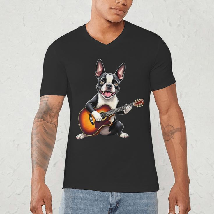 Boston Terrier Playing Guitar Boston Terrier Men's V-Neck T-Shirt, novelty gifts, funny gifts