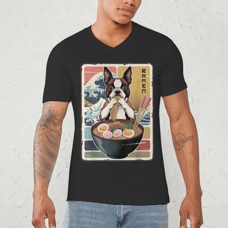 Boston Terrier Ramen Noodles Japanese Art Retro Ocean Waves Men's V-Neck T-Shirt, novelty gifts, funny gifts