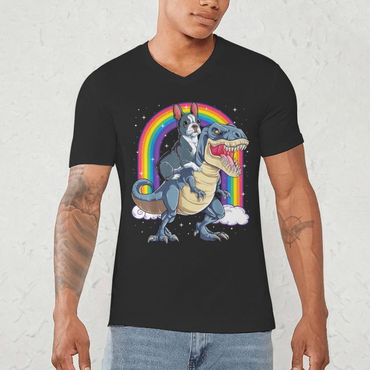 Boston Terrier Riding Dinosaur T-Rex Boys Kids Rainbow Men's V-Neck T-Shirt, novelty gifts, funny gifts