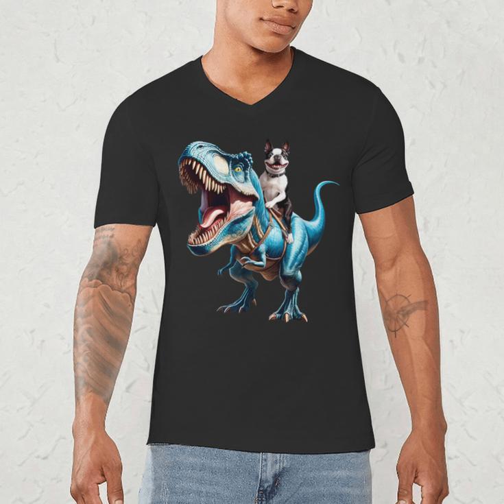 Boston Terrier Riding T-Rex Dinosaur Dog Lover Men's V-Neck T-Shirt, novelty gifts, funny gifts