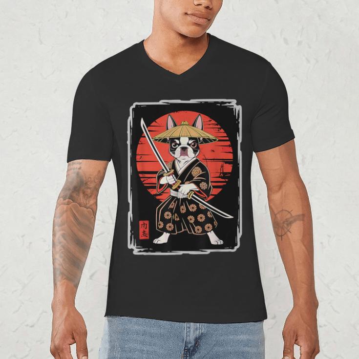 Boston Terrier Samurai Ninja Vintage Anime Japanese Ukiyo-e Men's V-Neck T-Shirt, novelty gifts, funny gifts