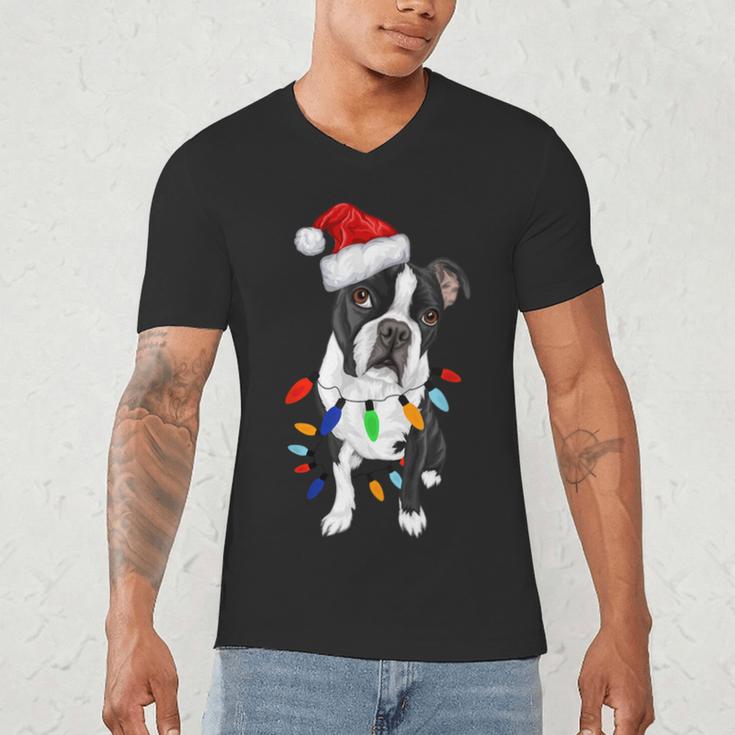 Boston Terrier Santa Christmas Lights Xmas Dog Lover Men Women Kids Men's V-Neck T-Shirt, novelty gifts, funny gifts