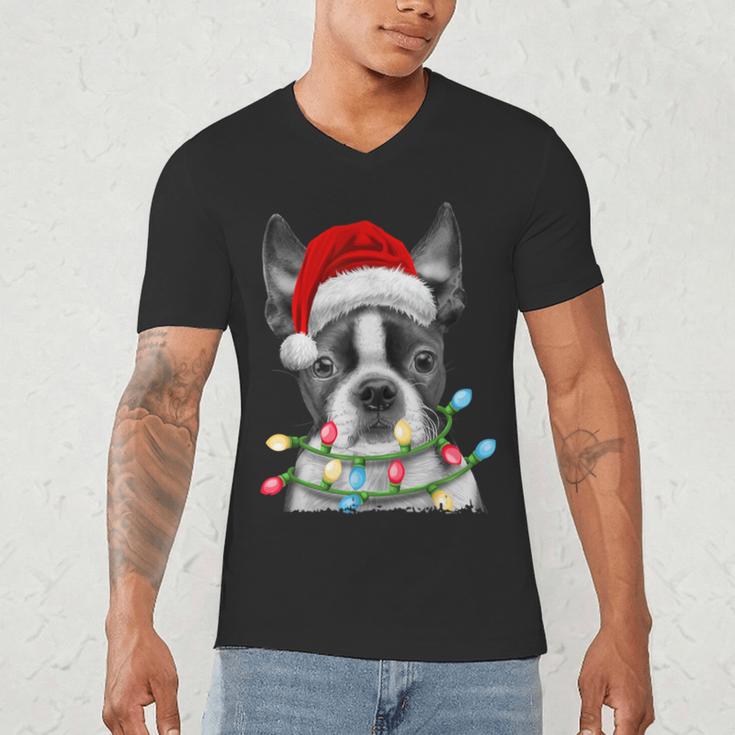 Boston Terrier Santa Christmas Tree Lights Xmas Boys Men Dog Men's V-Neck T-Shirt, novelty gifts, funny gifts