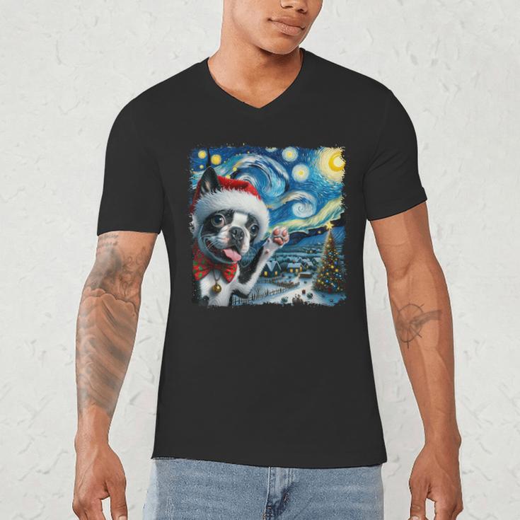 Boston Terrier Santa Starry Night Van Gogh Christmas Dog Men Women Kids Men's V-Neck T-Shirt, novelty gifts, funny gifts