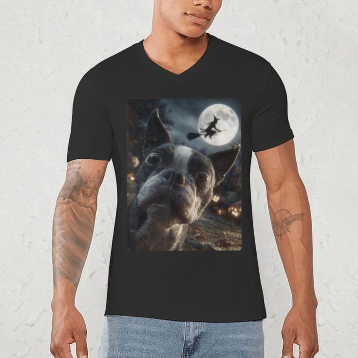 Boston Terrier Selfie Full Moon Flying Witch Halloween Dog Men's V-Neck T-Shirt, novelty gifts, funny gifts