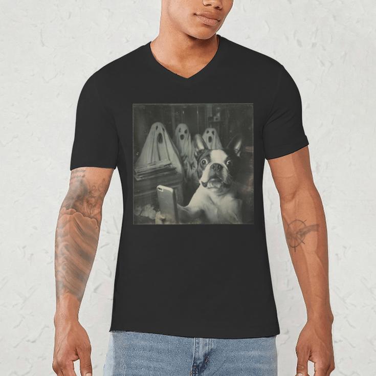 Boston Terrier Selfie With Ghosts Halloween Dog Lover Men's V-Neck T-Shirt, novelty gifts, funny gifts