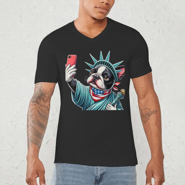 Boston Terrier Selfie Statue Of Liberty 4th Of July American Men's V-Neck T-Shirt, novelty gifts, funny gifts