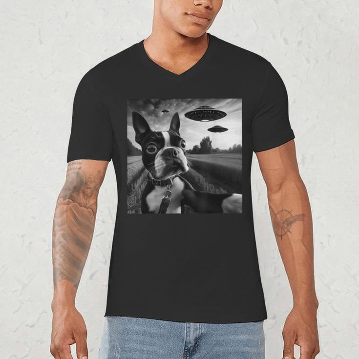 Boston Terrier Graphic Selfie With UFOs Weird Aliens Men's V-Neck T-Shirt, novelty gifts, funny gifts