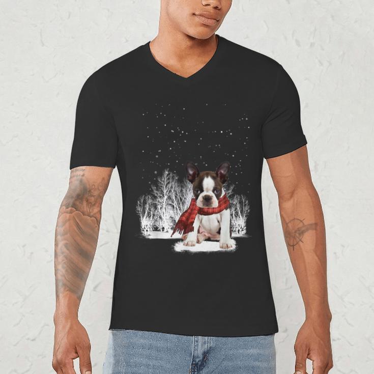 Boston Terrier In The Snow Merry Christmas Winter Men's V-Neck T-Shirt, novelty gifts, funny gifts