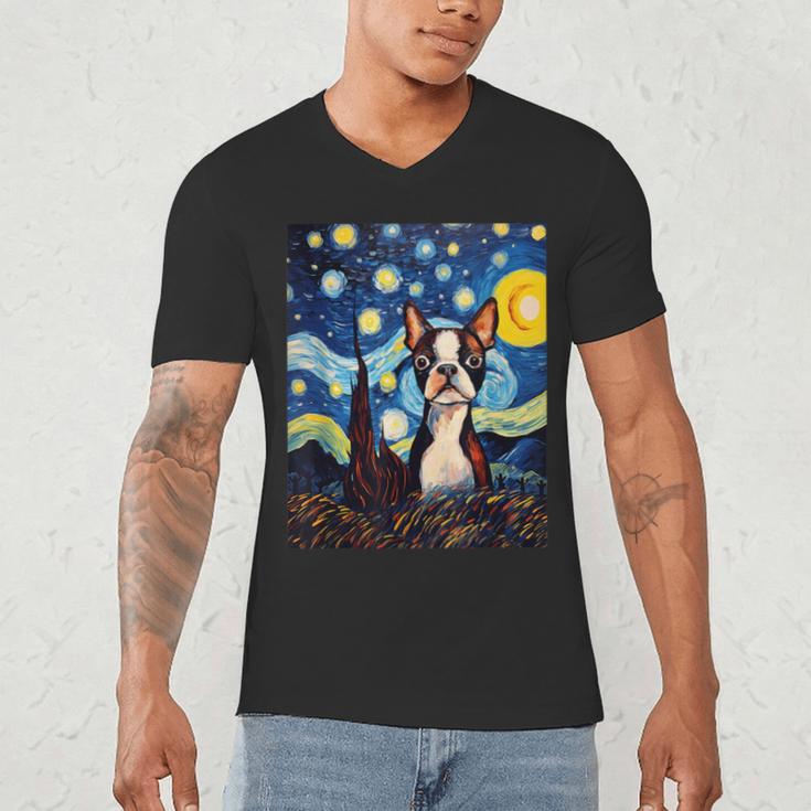 Boston Terrier Starry Night Van Gogh Art Men's V-Neck T-Shirt, novelty gifts, funny gifts