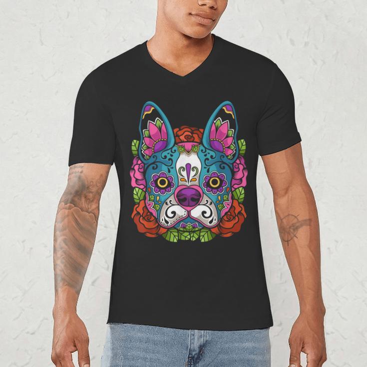 Boston Terrier Sugar Skull Dog Day Of The Dead Men's V-Neck T-Shirt, novelty gifts, funny gifts