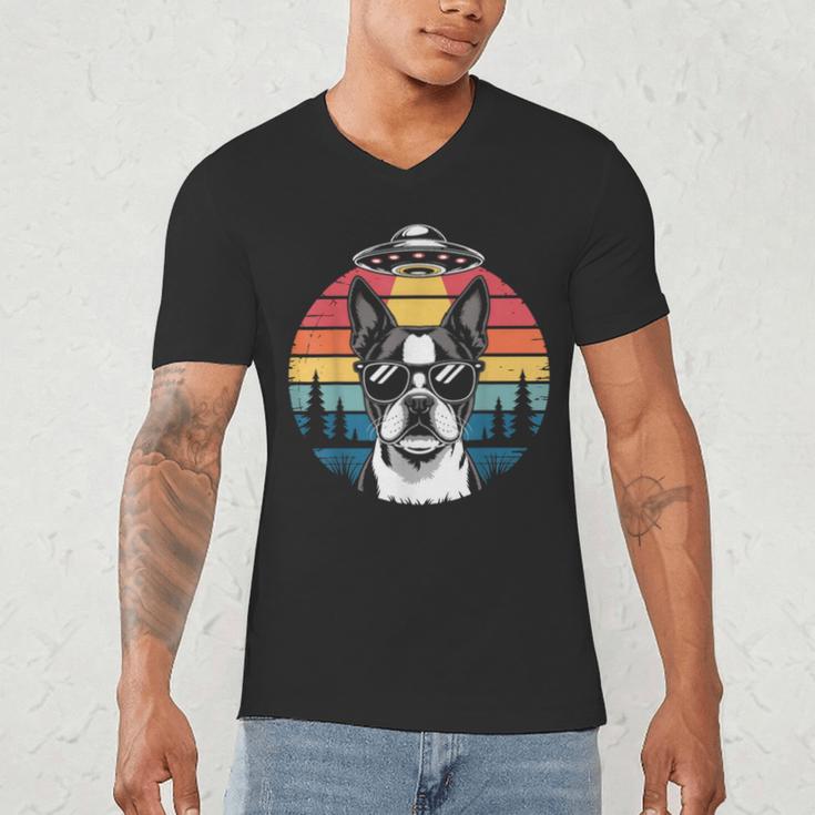 Boston Terrier UFO Alien Boston Terrier Dog Mom Dad Men's V-Neck T-Shirt, novelty gifts, funny gifts