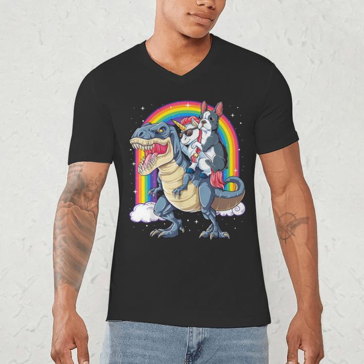 Boston Terrier Unicorn Riding Dinosaur T-Rex Girls Rainbow Men's V-Neck T-Shirt, novelty gifts, funny gifts