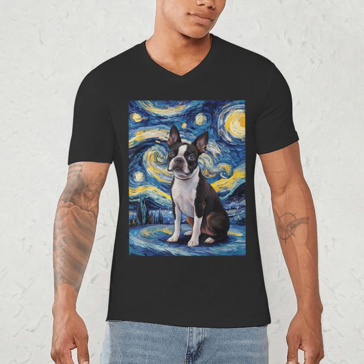 Boston Terrier Van Gogh Starry Night Men's V-Neck T-Shirt, novelty gifts, funny gifts