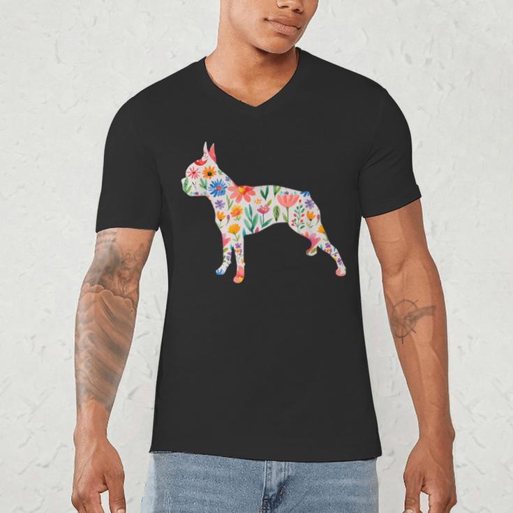 Boston Terrier Watercolor Flowers Men's V-Neck T-Shirt, novelty gifts, funny gifts