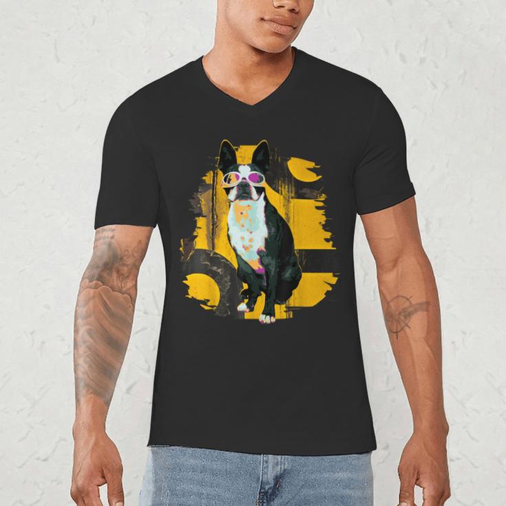 Boston Terrier s Mid-Century Modern Art s Street Grunge Men's V-Neck T-Shirt, novelty gifts, funny gifts