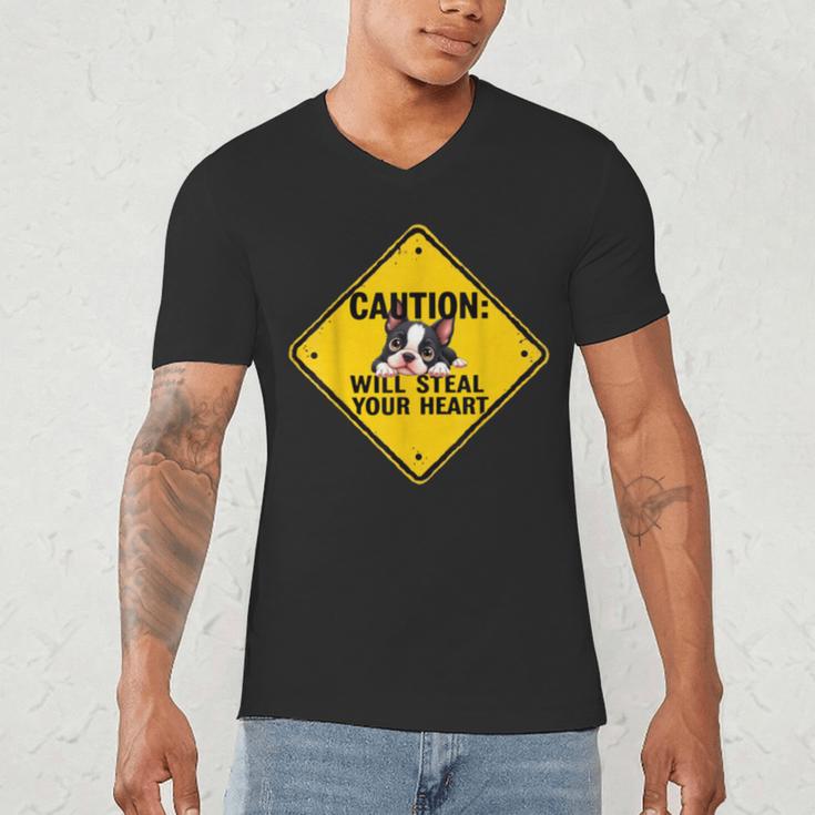 Caution Sign Boston Terrier Dog Bostie Puppy Men's V-Neck T-Shirt, novelty gifts, funny gifts